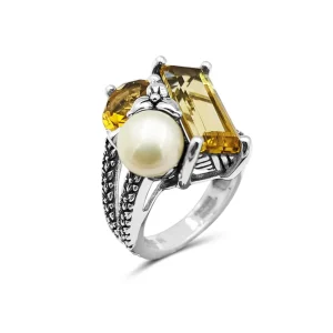 Stephen Dweck Rockrageous Three stone cluster ring with white pearl and citrine and orange citrine gemstones set in sterling silver< Rings