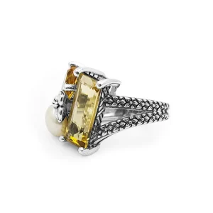 Stephen Dweck Rockrageous Three stone cluster ring with white pearl and citrine and orange citrine gemstones set in sterling silver< Rings