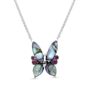 Stephen Dweck Terraquatic Faceted Natural Quartz Abalone and Rhodolite Garnet Butterfly Pendant in Sterling Silver< Necklace