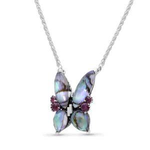 Stephen Dweck Terraquatic Faceted Natural Quartz Abalone and Rhodolite Garnet Butterfly Pendant in Sterling Silver< Necklace