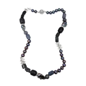 Stephen Dweck Terraquatic Hand Carved Jet Natural Pearls Agate Herkimar ( Quartz) Diamond Natural Tourmaline Crystals Pave Spinal Sterling Silver Clasp Nacklace< Necklace