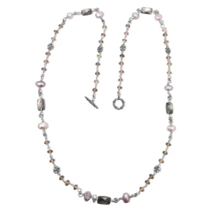 Stephen Dweck Terraquatic Long Single Strand of Smoky Qtz, Silver Pearls and Faceted Grey Mop with Sterling Silver Details< Necklace