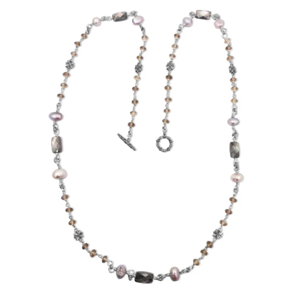 Stephen Dweck Terraquatic Long Single Strand of Smoky Qtz, Silver Pearls and Faceted Grey Mop with Sterling Silver Details< Necklace