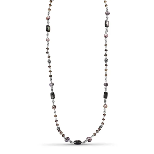 Stephen Dweck Terraquatic Long Single Strand of Smoky Qtz, Silver Pearls and Faceted Grey Mop with Sterling Silver Details< Necklace