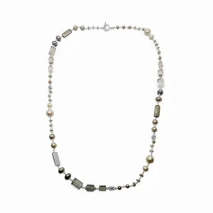 Stephen Dweck Terraquatic Multi-Hued Pearls and Natural Quartz Engraved Necklace in Sterling Silver< Necklace