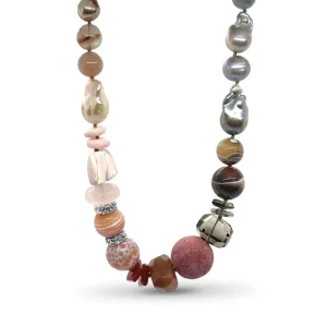 Stephen Dweck Terraquatic Multi-Hued Pearl Smoky Quartz Aquamarine Red Agate Pink Opal Red Hair Rutilated Quartz Apple Coral Botswana Agate Conch Carnelian and Rose Quartz Necklace in Sterling Silver< Necklace