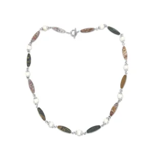 Stephen Dweck Terraquatic Necklace of Multihued Ocean Jasper Interspersed with White Baroque Pearls Sterling Silver Clasp< Necklace