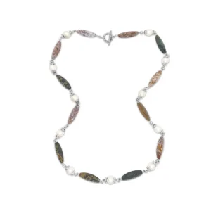 Stephen Dweck Terraquatic Necklace of Multihued Ocean Jasper Interspersed with White Baroque Pearls Sterling Silver Clasp< Necklace