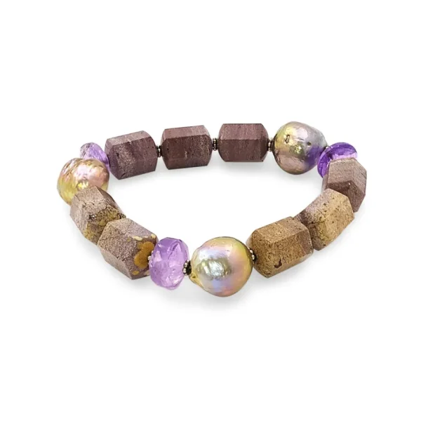 Stephen Dweck Terraquatic Purple Aventurine, Amethyst and Silver Pearl Stretch Bracelet with Flower Engraved Sterling Silver Spacers< Bracelets