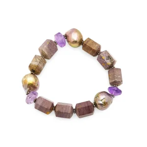 Stephen Dweck Terraquatic Purple Aventurine, Amethyst and Silver Pearl Stretch Bracelet with Flower Engraved Sterling Silver Spacers< Bracelets