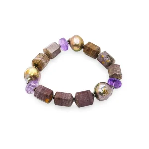 Stephen Dweck Terraquatic Purple Aventurine, Amethyst and Silver Pearl Stretch Bracelet with Flower Engraved Sterling Silver Spacers< Bracelets